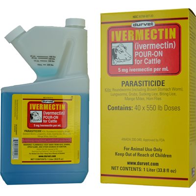 Durvet DV1042 Pour-On Ivermectin Dewormer, 1 L Liquid, Clear Blue, For Cattle