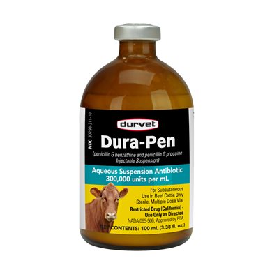 Durvet 001-1111610 Dura-Pen Aqueous Suspension Antibiotic, 100 mL Liquid, For Cattle