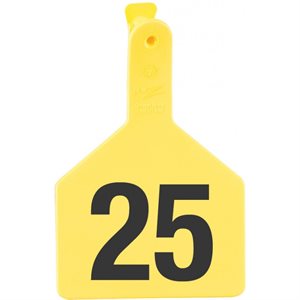 Z Tags™ 053903 One-Piece Short Neck Numbered 51 - 75 No-Snag Ear Tag, 2-3 / 8 inch x 3-1 / 4 inch, Yellow, For Calf