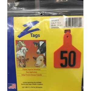 Z Tags™ 053912 One-Piece Short Neck Numbered 26 - 50 No-Snag Ear Tag, 2-3 / 8 inch x 3-1 / 4 inch, Orange, For Calf