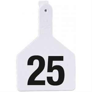 Z Tags™ 053933 One-Piece Short Neck Numbered 51 - 75 No-Snag Ear Tag, 2-3 / 8 inch x 3-1 / 4 inch, White, For Calf